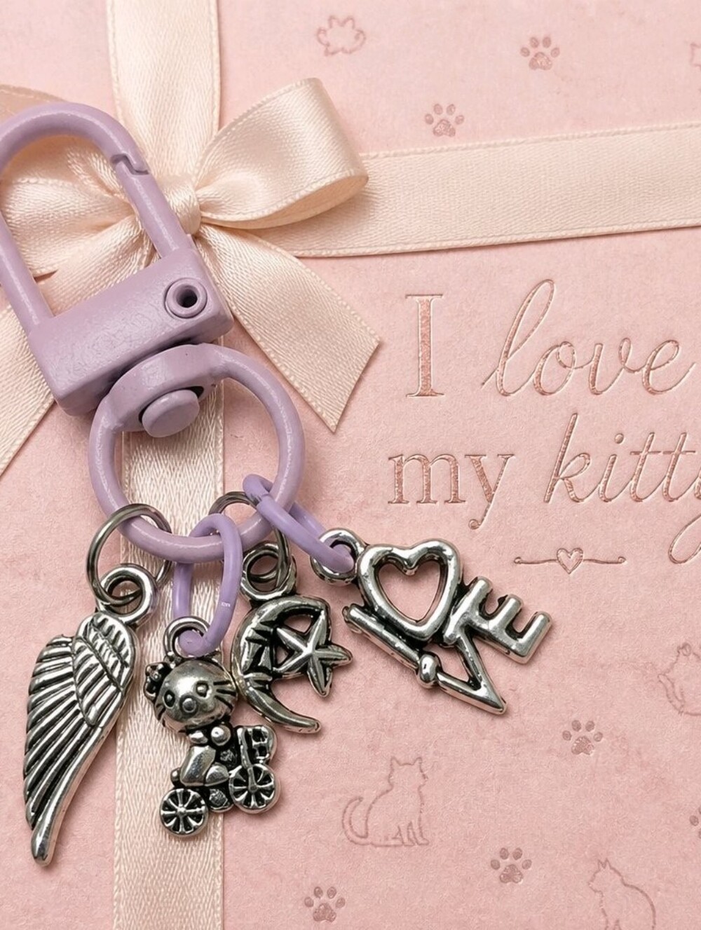 I Love My Kitty Cat Silver Charms Handcrafted Pink Zipper Bag Clip Keychain